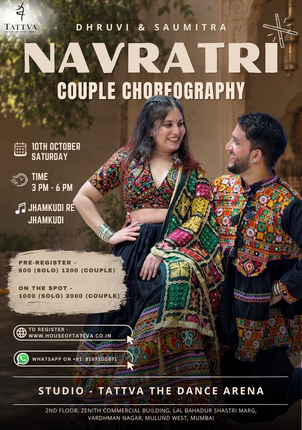 Dhruvi & Saumitra · Navratri Couple Choreography — Jhamkudi Re Jhamkudi workshop poster
